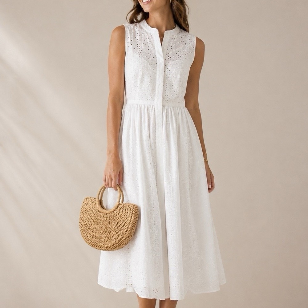 J Crew Dress Women 12 White Eyelet Fit & Flare Sleeveless Sundress cottagecore
